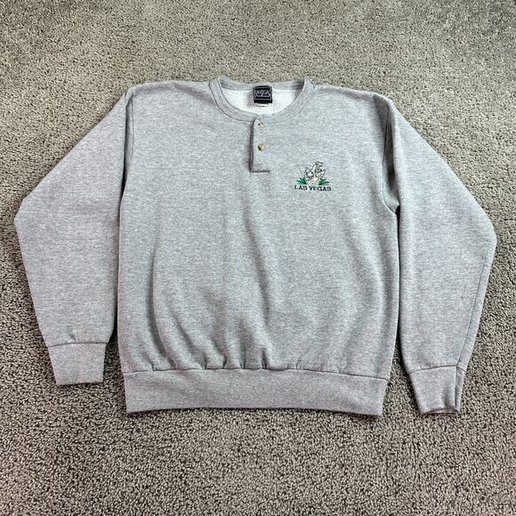 VINTAGE Las Vegas Sweatshirt Mens Medium Gray White Tigers Henley Pullover 90s - Picture 1 of 14